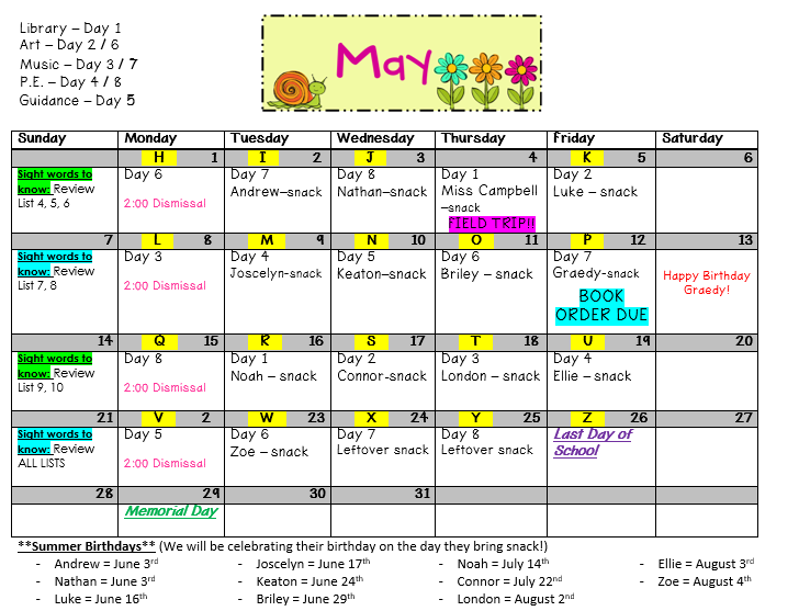 Snack Calendar - Miss Campbell's Kindergarten